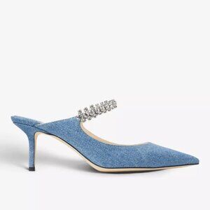 Jimmy Choo Bing 65 Mules Blue Denim Crystal Embellished Pointed Toe 36.5